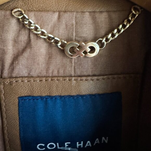 Cole Haan Camel Brown Beige Zipper Closure Lambskin Moto Jacket S - Picture 5 of 9